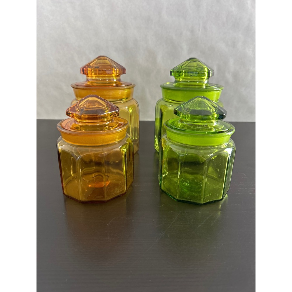 Vintage Octagonal Glass Apothecary Jars Set of 4 Amber & Green Faceted Lids MCM
